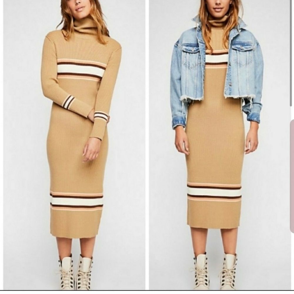 Free People Camel combo long striped knit long sleeve turtleneck dress N…